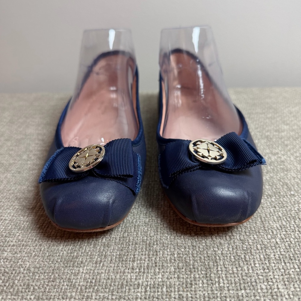 Kate Spade Navy Blue Ballet Flats Round Toe Work Office Leather Bow Party Size 9 - Picture 2 of 10